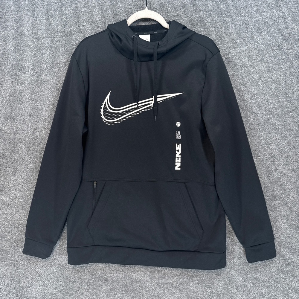Nike Hoodie Mens Medium Black Graphic Swoosh Therma-FIT Pullover Sweatshirt